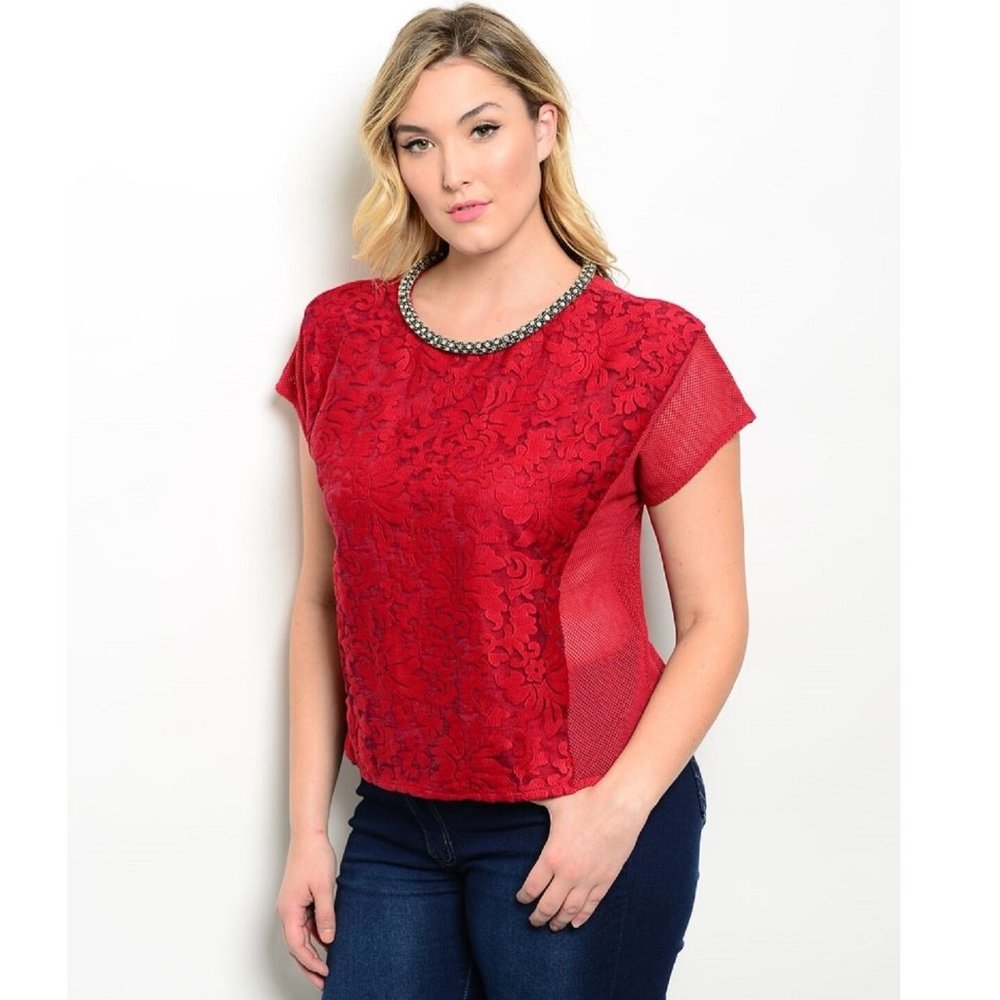 Katia Ladies Top Embellished Neck Solid Dark Red Plus Size 1XL  NWT